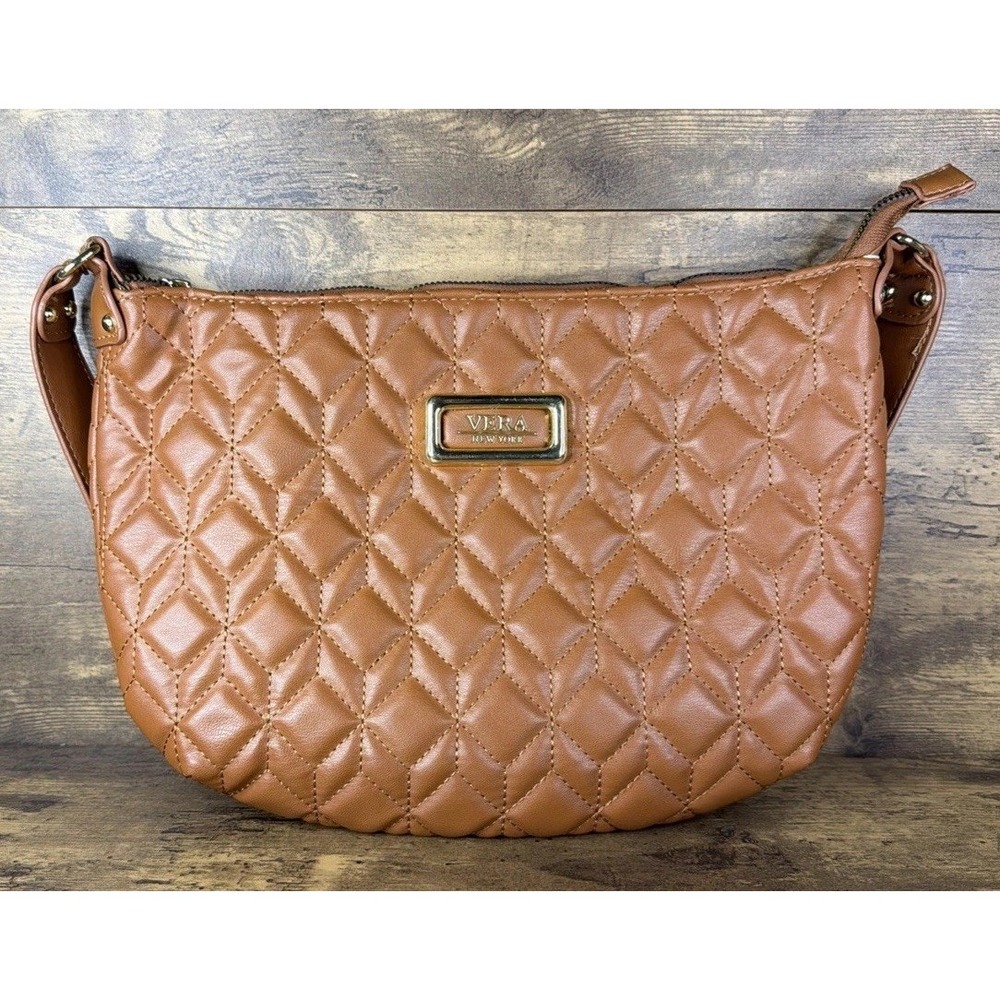Vera New York Quilted Shoulder Bag Tan Brown Diamond Quilted Faux Leather Purse